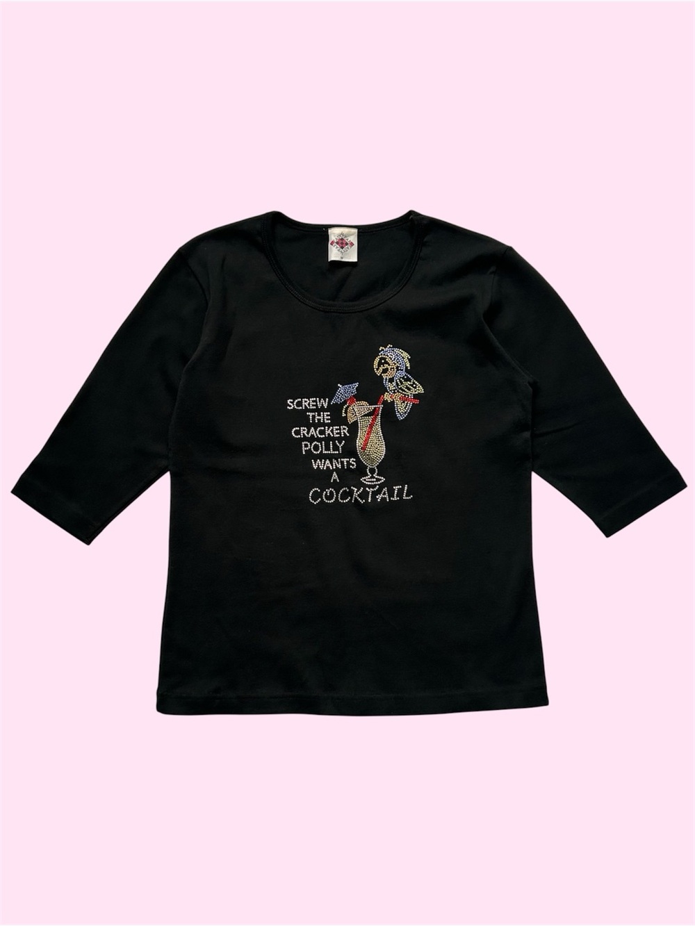 Y2K Easy Wear Funny Parrot Rhinestone Bedazzled Alcohol Black Momcore Medium